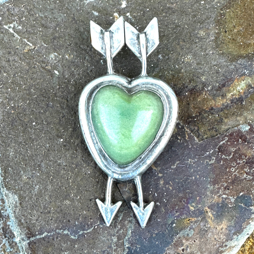 Old Mexican Green Calcite Heart & Arrows Pendant Mexico 925 Pendant