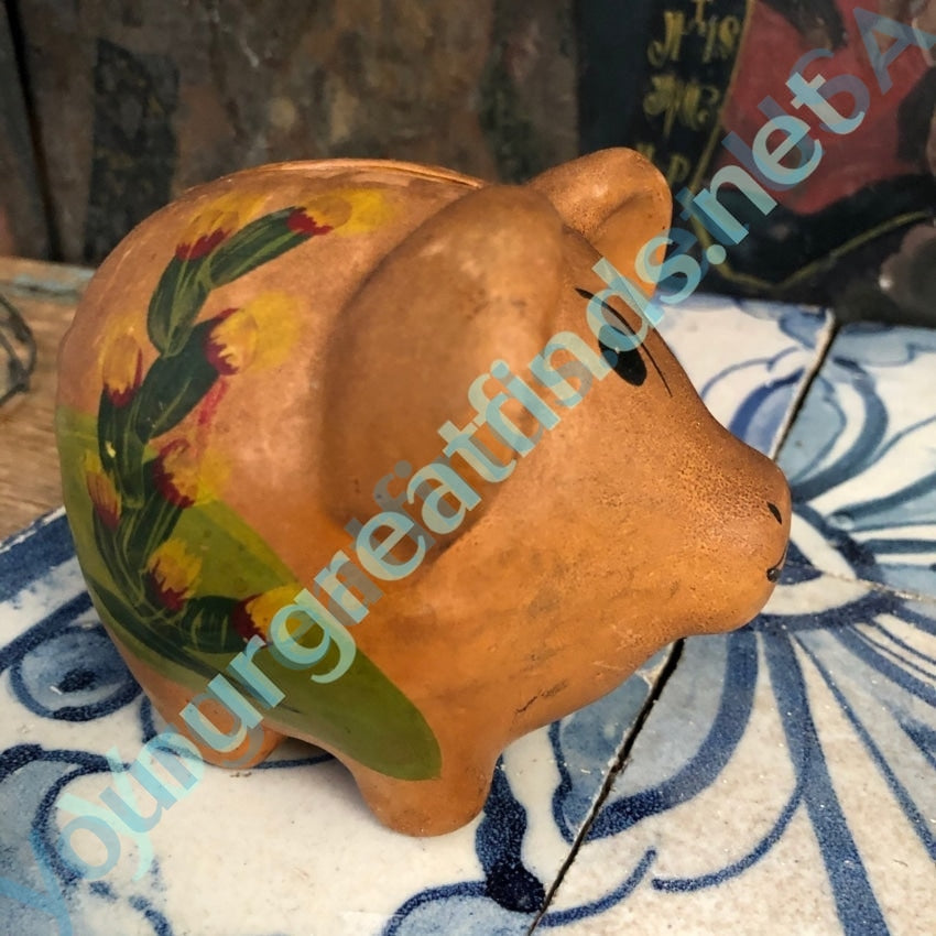 Old Mexican Red Clay Piggy Bank with Hand Painted Accents Yourgreatfinds