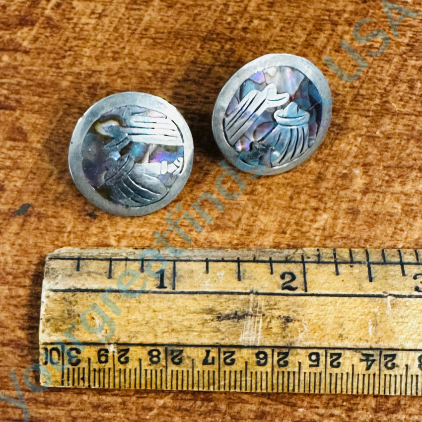 Old Mexican Sterling Silver & Abalone Tourist Earrings Screw Back Earrings