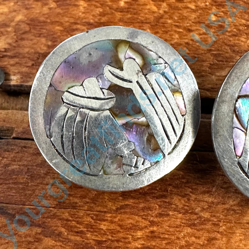 Old Mexican Sterling Silver & Abalone Tourist Earrings Screw Back Earrings