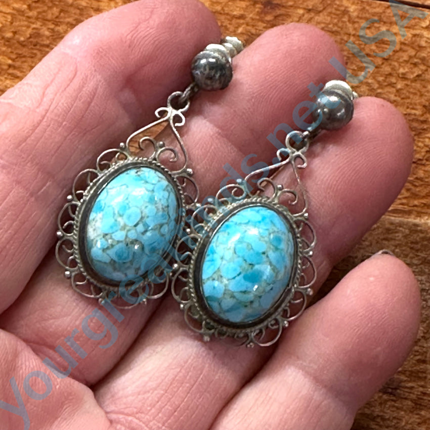 Old Mexican Sterling Silver & Blue Art Glass Screw Back Earrings Earrings