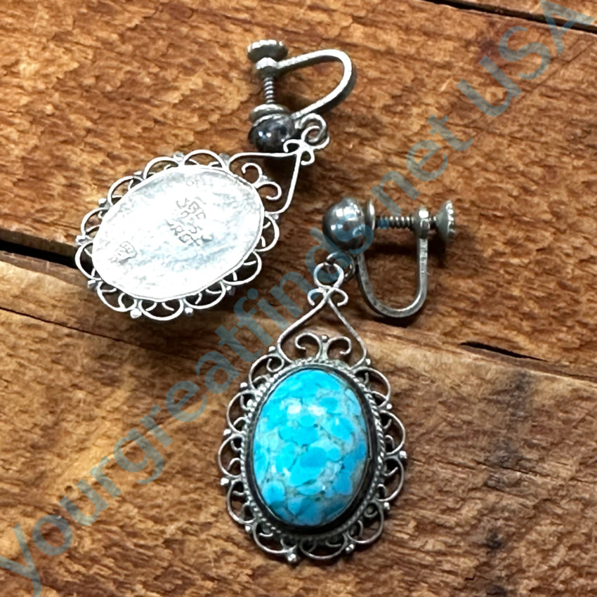 Old Mexican Sterling Silver & Blue Art Glass Screw Back Earrings Earrings