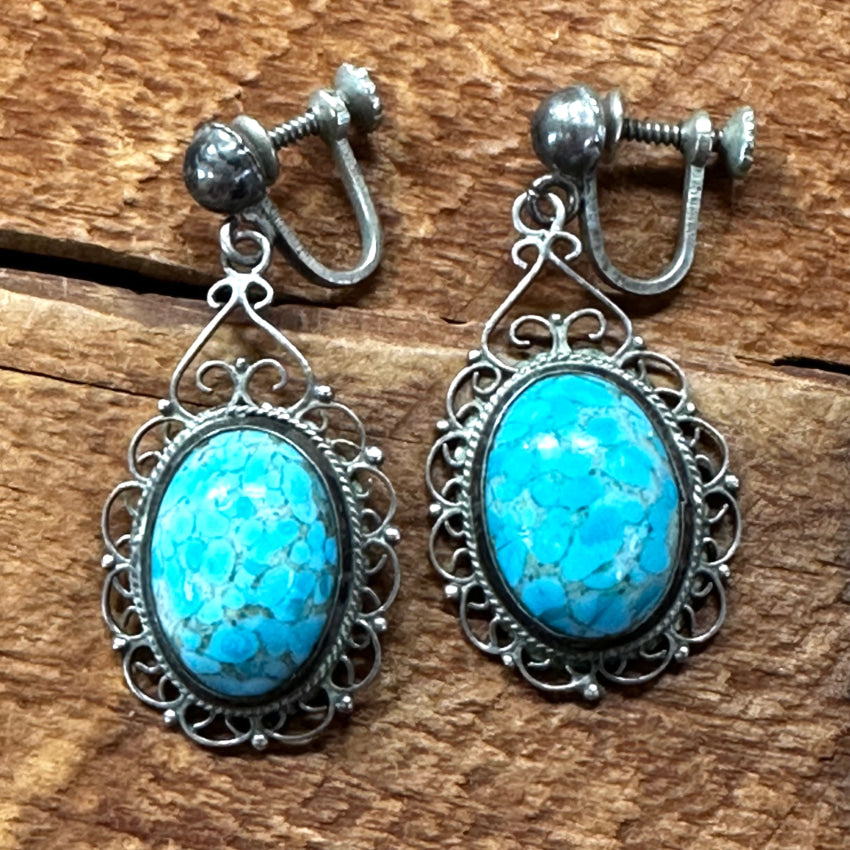 Old Mexican Sterling Silver & Blue Art Glass Screw Back Earrings Earrings