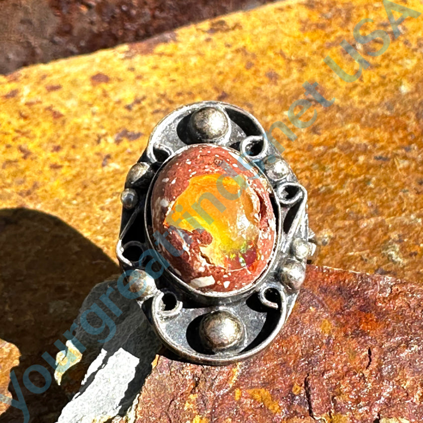 Old Mexican Sterling Silver Cantera Fire Opal Ring Size 8