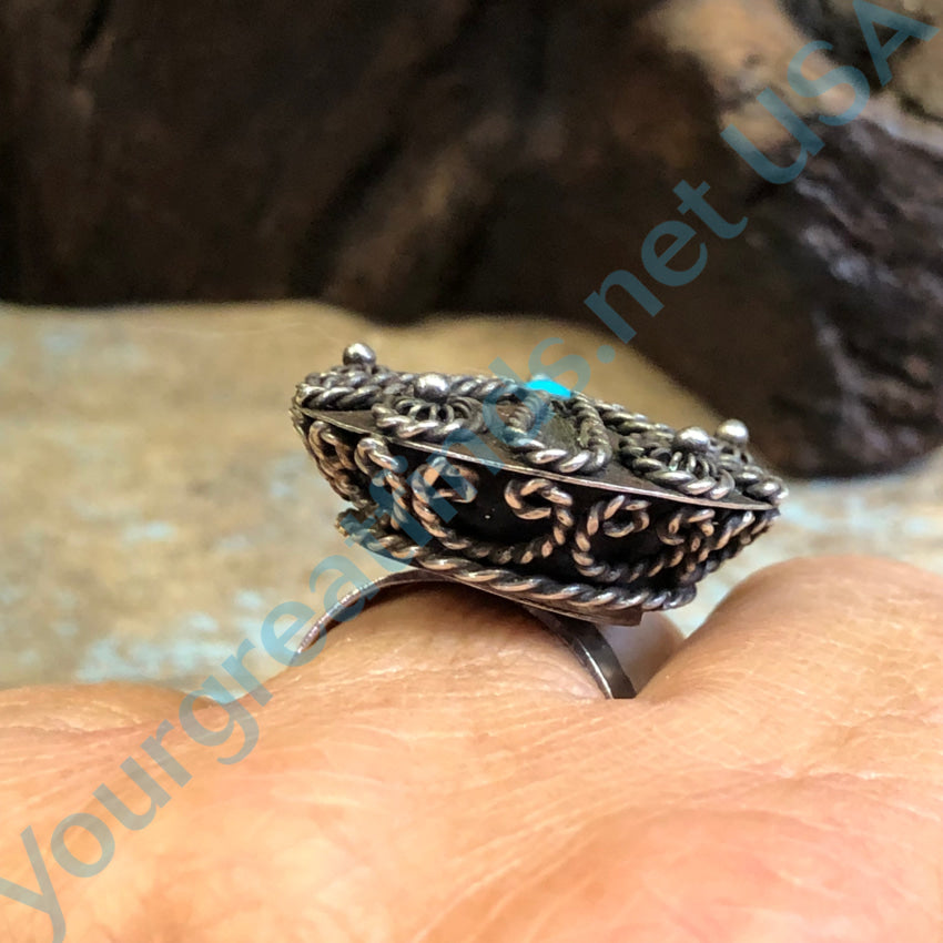 Old Mexican Sterling Silver &amp; Turquoise Ring Adjustable