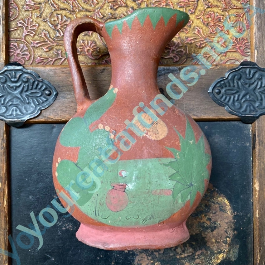 OLd Mexican Terracotta Pitcher with Hand Painted Design Yourgreatfinds