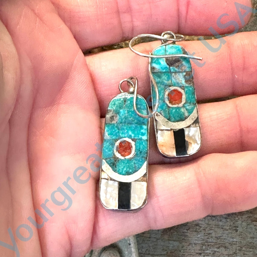 Old Native American Turquoise Mosaic Pierced Earrings Sterling Silver