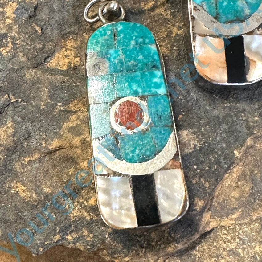 Old Native American Turquoise Mosaic Pierced Earrings Sterling Silver