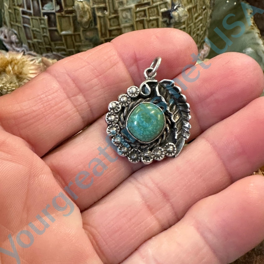 Old Navajo Bi-Colored Nodule Turquoise One Feather Pendant Sterling