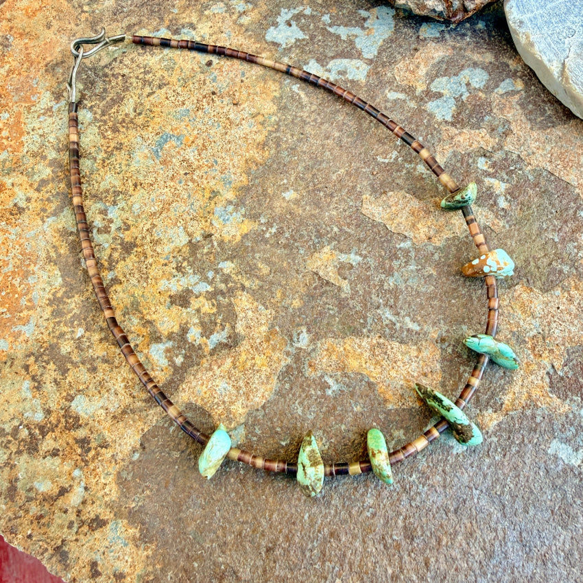 Old Navajo Brown Heishi & Turquoise Nugget Bead Necklace necklae