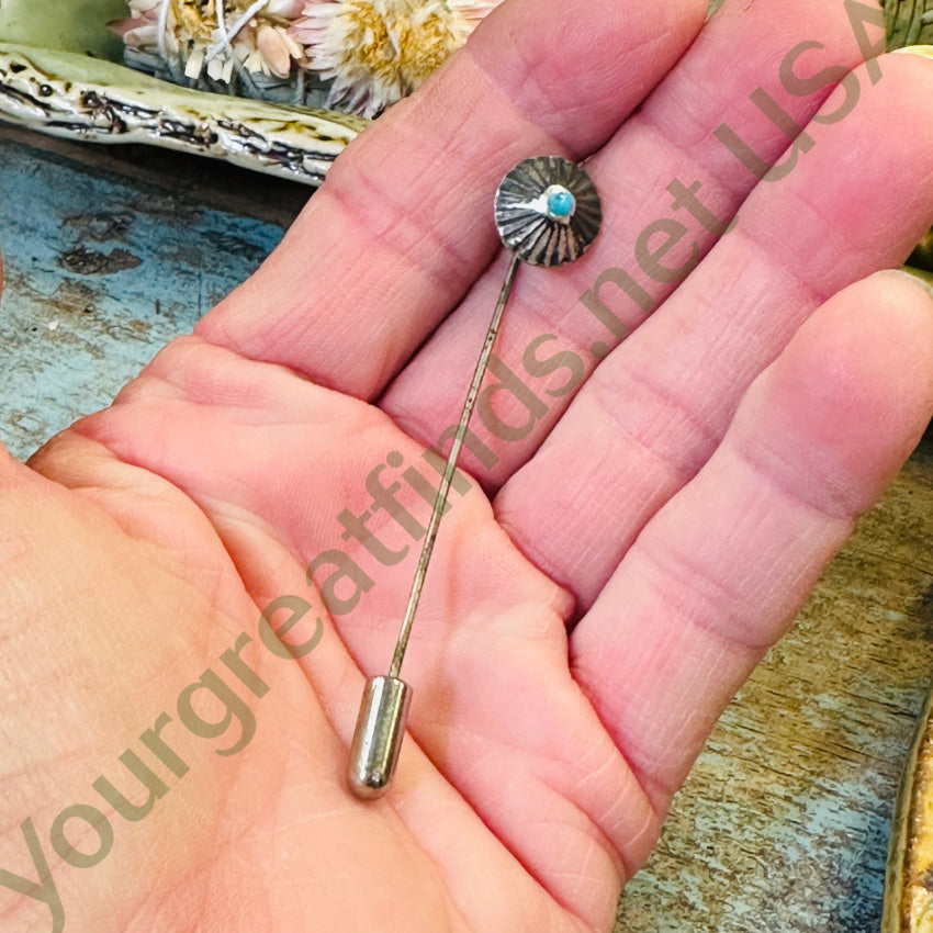 Old Navajo Fluted Button Stick Pin Sterling Silver Turquoise