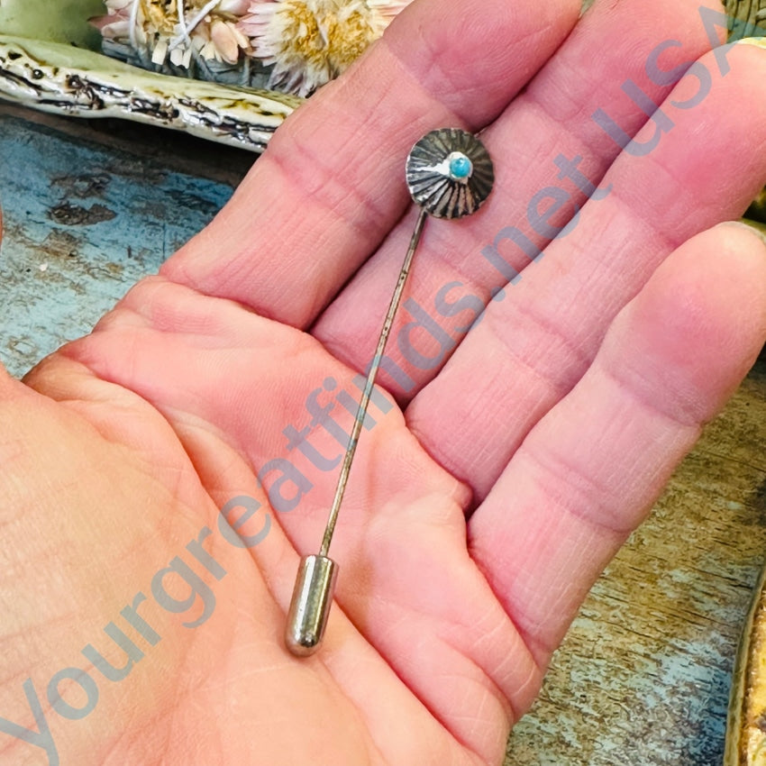 Old Navajo Fluted Button Stick Pin Sterling Silver Turquoise