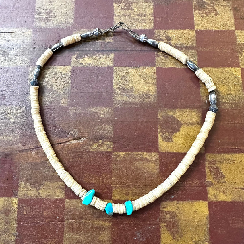 Old Navajo Mother-Of-Pearl Turquoise Sterling Silver Beaded Necklace