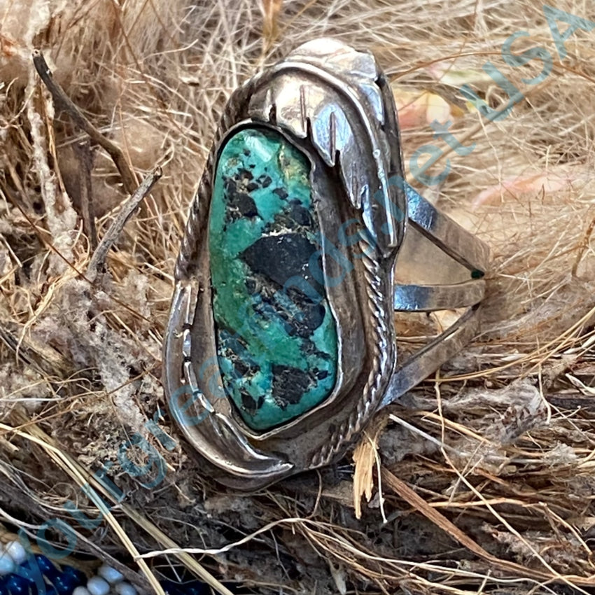 Old Navajo Natural Turquoise Ring Two Feathers Size 8 Rings