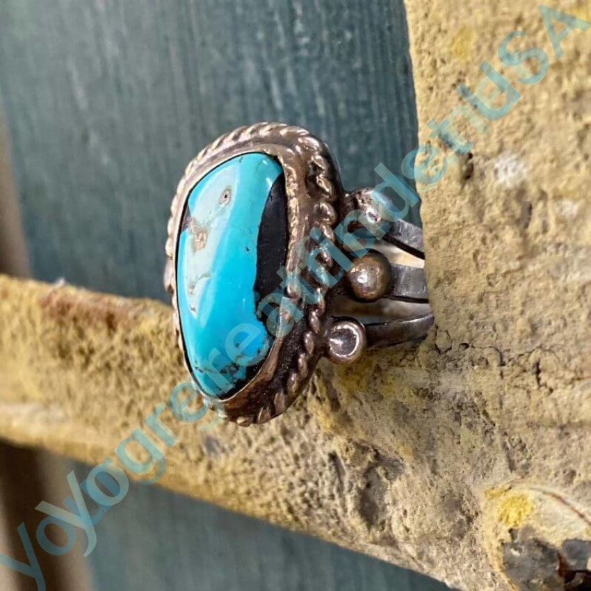 Old Navajo Raindrop Ring with Carlin Mine Turquoise in Sterling Silver Size 10 Yourgreatfinds