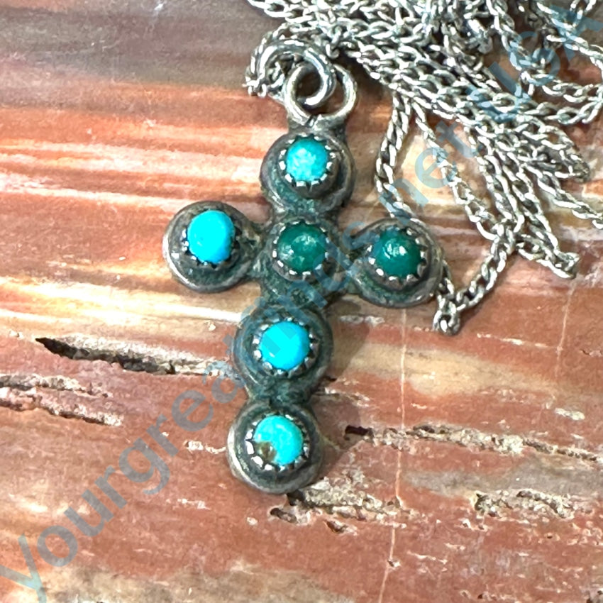 Old Navajo Snake Eye Turquoise Cross Necklace Sterling Silver