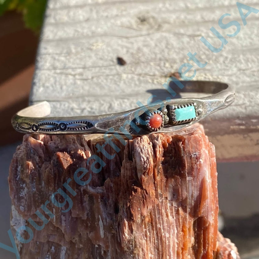 Old Navajo Stacking Bracelet Turquoise Red Coal Sterling
