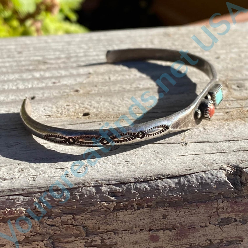 Old Navajo Stacking Bracelet Turquoise Red Coal Sterling