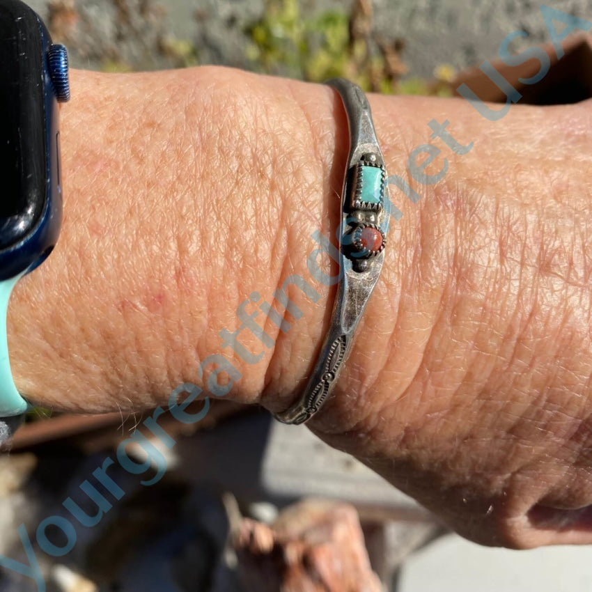 Old Navajo Stacking Bracelet Turquoise Red Coal Sterling