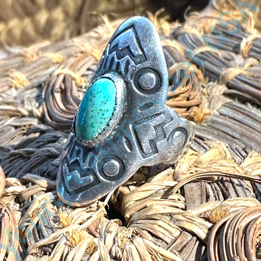Old Navajo Stamped Sterling Silver Long Ring Turquoise Size 2 1/2