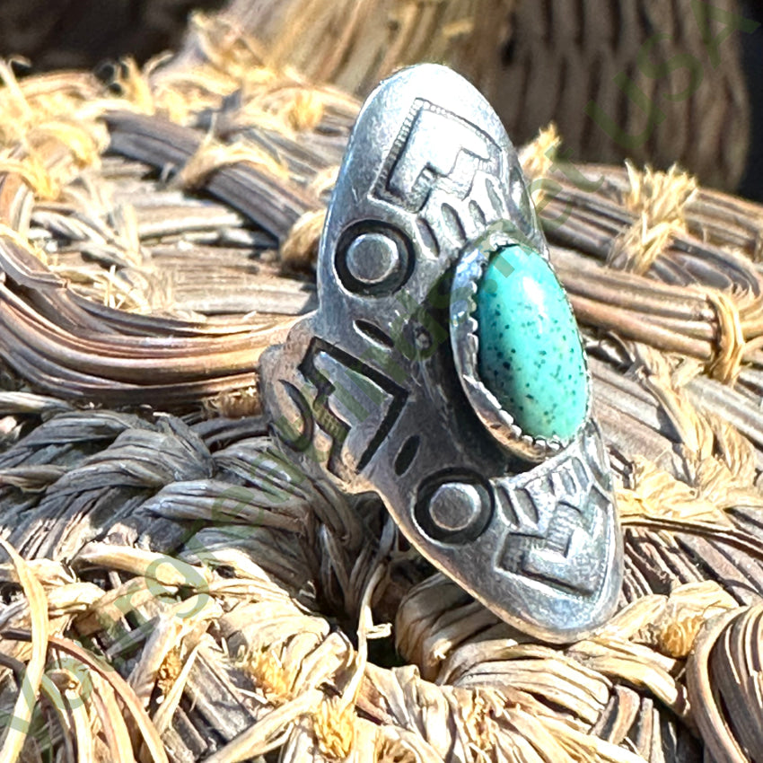 Old Navajo Stamped Sterling Silver Long Ring Turquoise Size 2 1/2