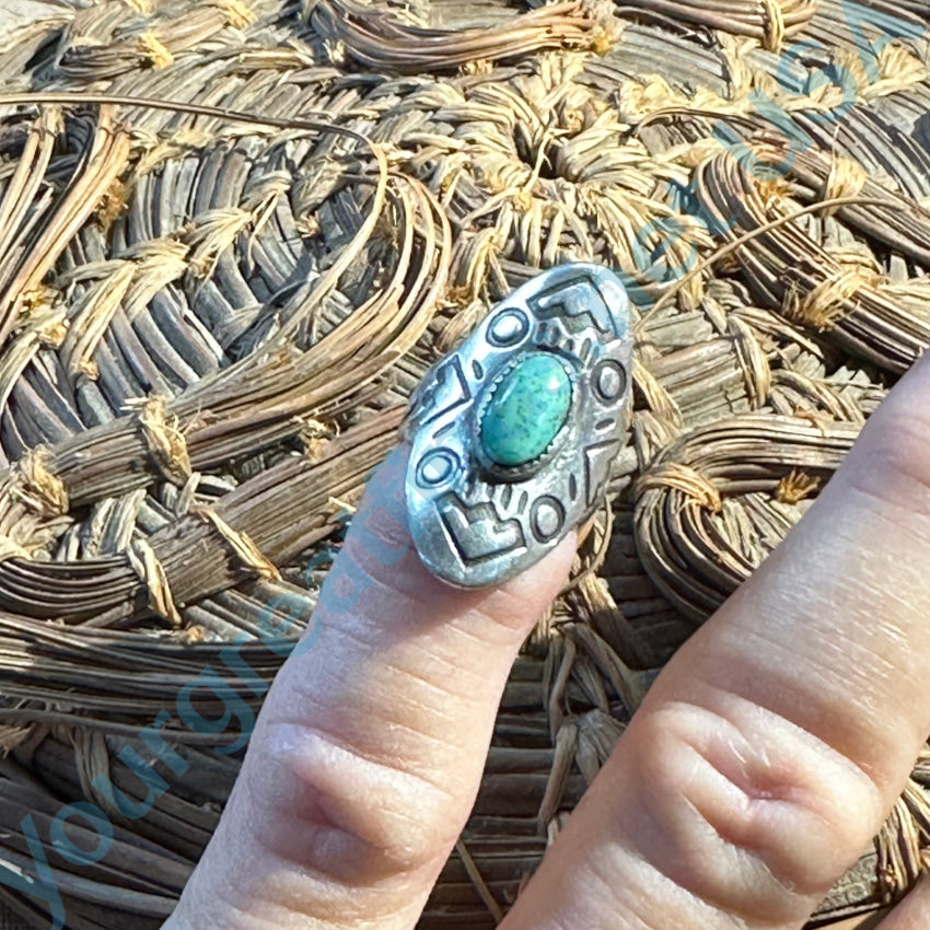 Old Navajo Stamped Sterling Silver Long Ring Turquoise Size 2 1/2