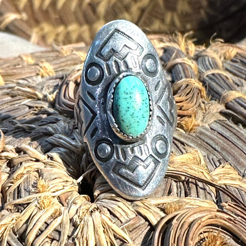 Old Navajo Stamped Sterling Silver Long Ring Turquoise Size 2 1/2