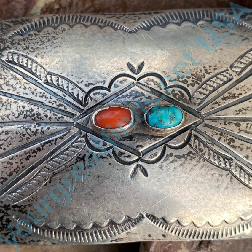 Old Navajo Sterling Silver Belt Buckle Turquoise Coral