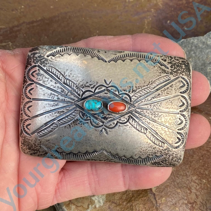 Old Navajo Sterling Silver Belt Buckle Turquoise Coral