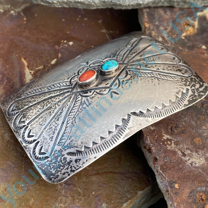 Old Navajo Sterling Silver Belt Buckle Turquoise Coral