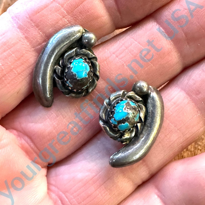 Old Navajo Sterling Silver Carlin Mine Turquoise Pierced Earrings