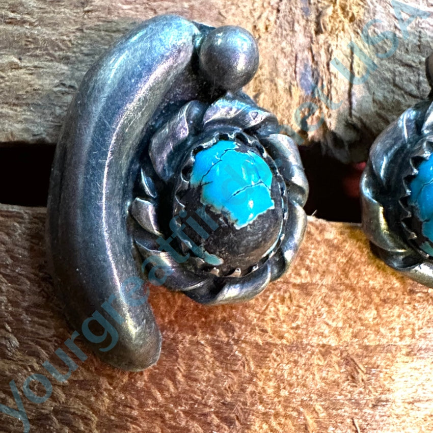 Old Navajo Sterling Silver Carlin Mine Turquoise Pierced Earrings