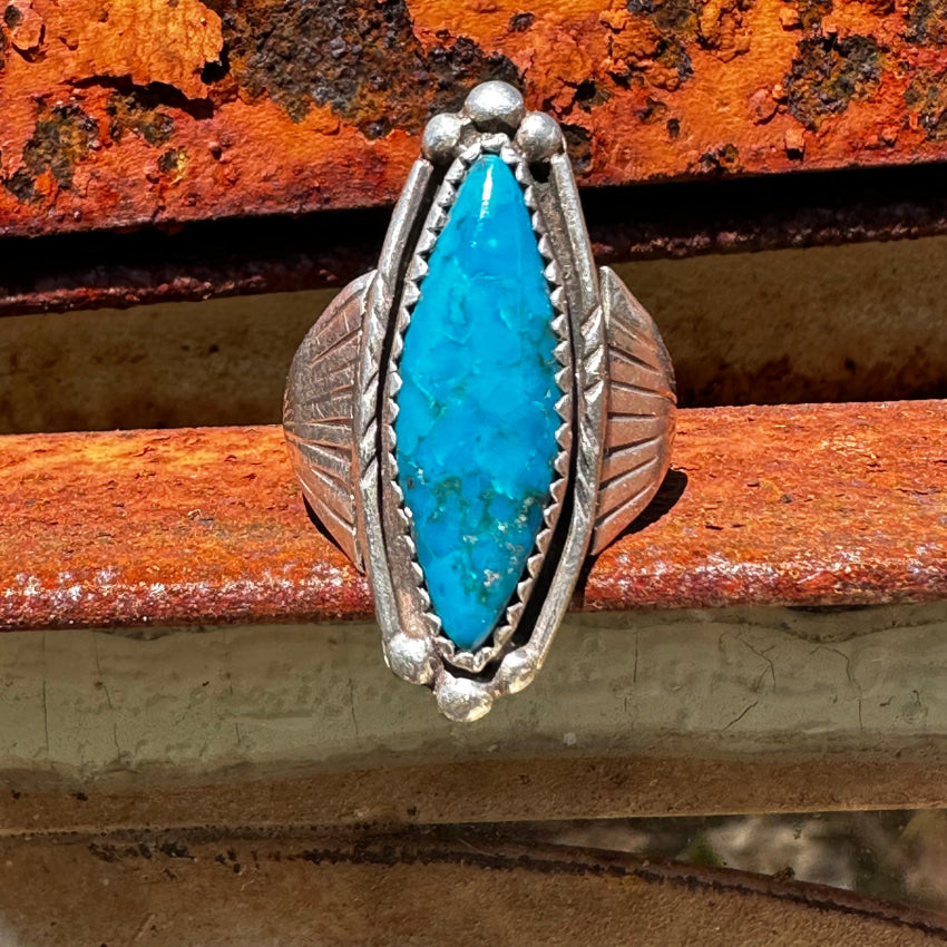 Old Navajo Sterling Silver & Dark Blue Turquoise Ring Size 7 3/4 Ring