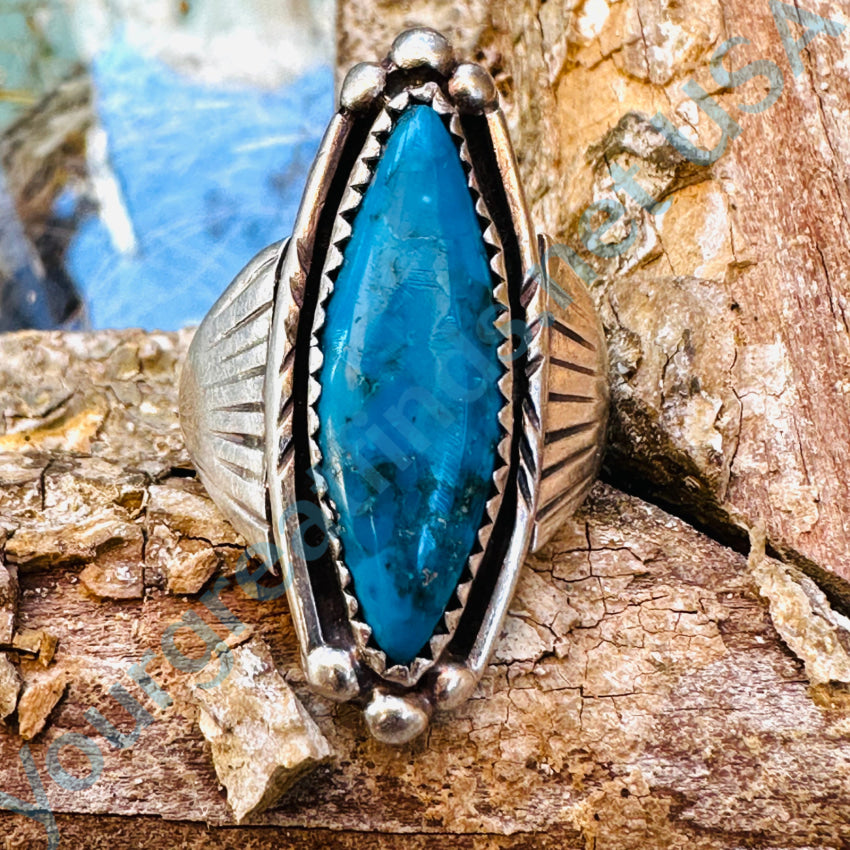 Old Navajo Sterling Silver & Dark Blue Turquoise Ring Size 7 3/4 Ring