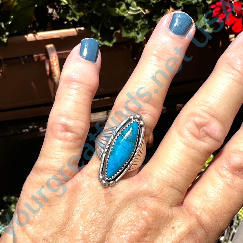 Old Navajo Sterling Silver & Dark Blue Turquoise Ring Size 7 3/4 Ring