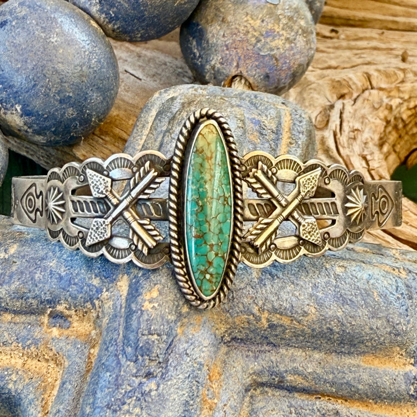 Old Navajo Sterling Silver Friendship Bracelet No.8 Turquoise Fred Harvey pin