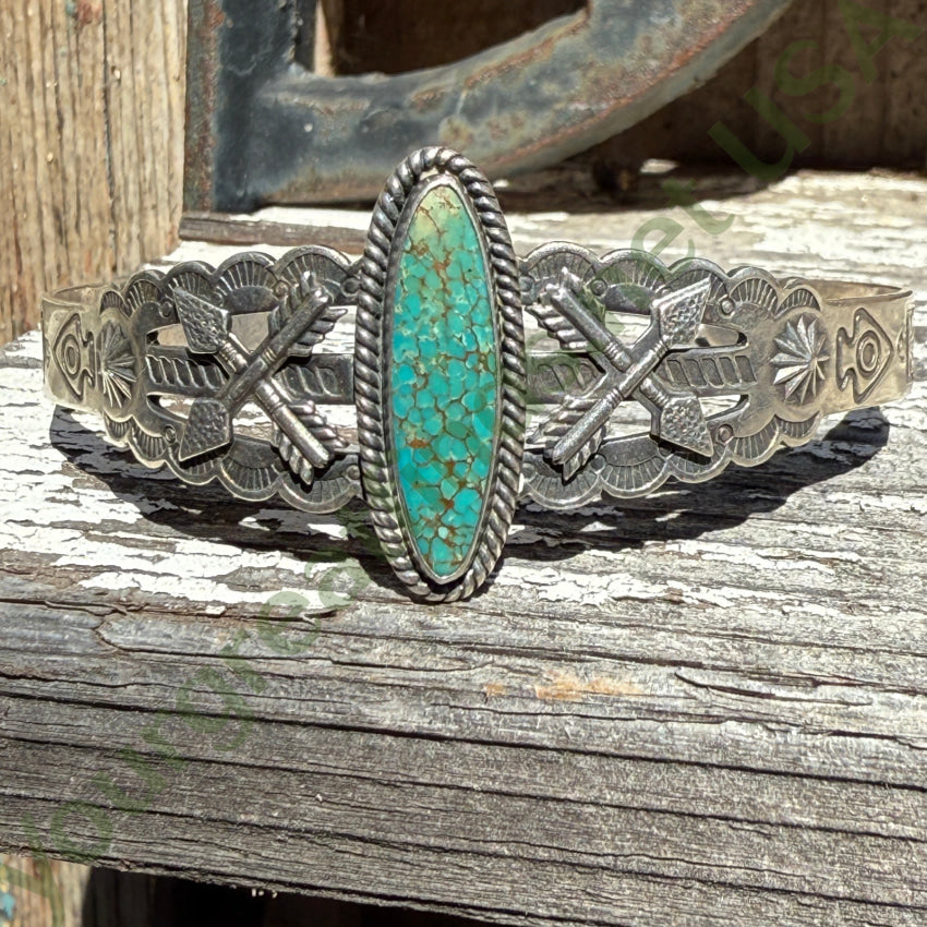Old Navajo Sterling Silver Friendship Bracelet No.8 Turquoise Fred Harvey pin