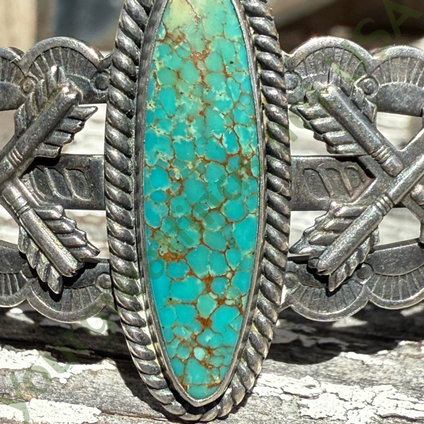 Old Navajo Sterling Silver Friendship Bracelet No.8 Turquoise Fred Harvey pin