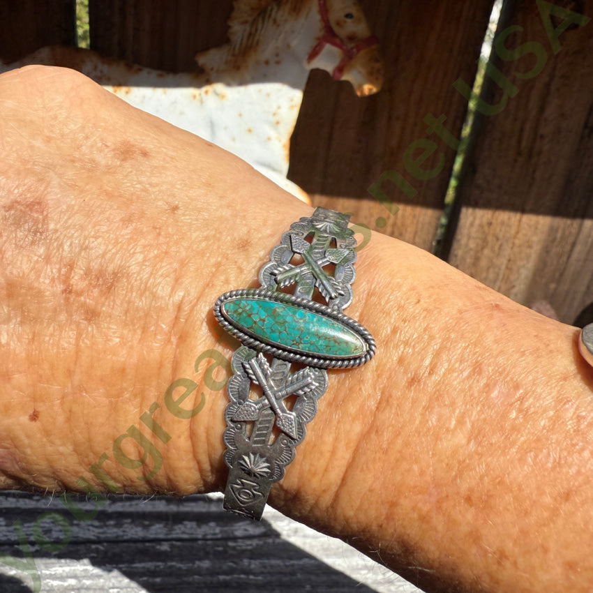 Old Navajo Sterling Silver Friendship Bracelet No.8 Turquoise Fred Harvey pin