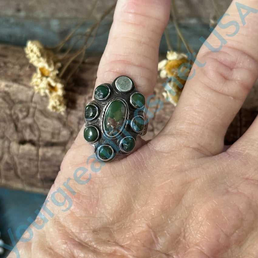 Old Navajo Sterling Silver Green Turquoise Cluster Ring 5.5