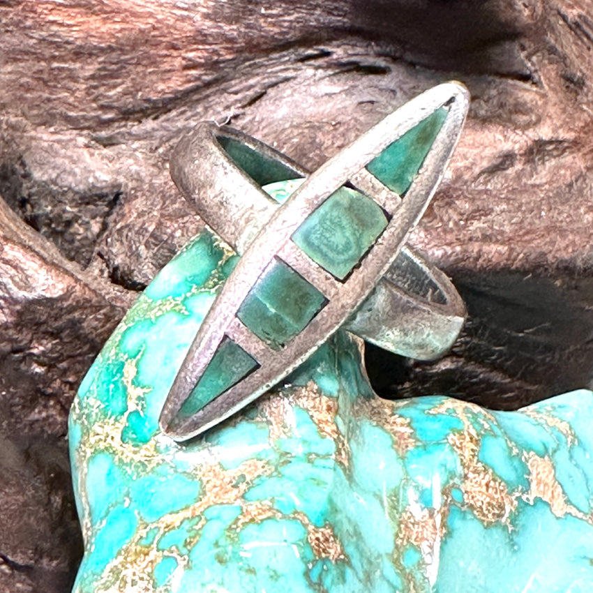 Old Navajo Sterling Silver Long Ring Turquoise Inlay Size 9