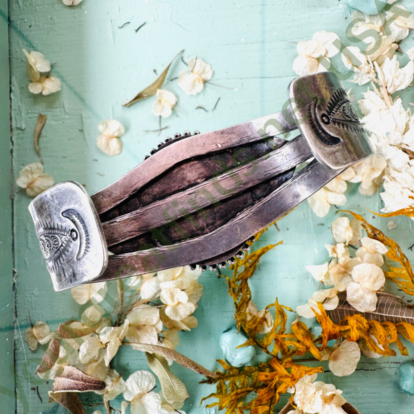 Old Navajo Sterling Silver & Petrified Wood Cuff Bracelet