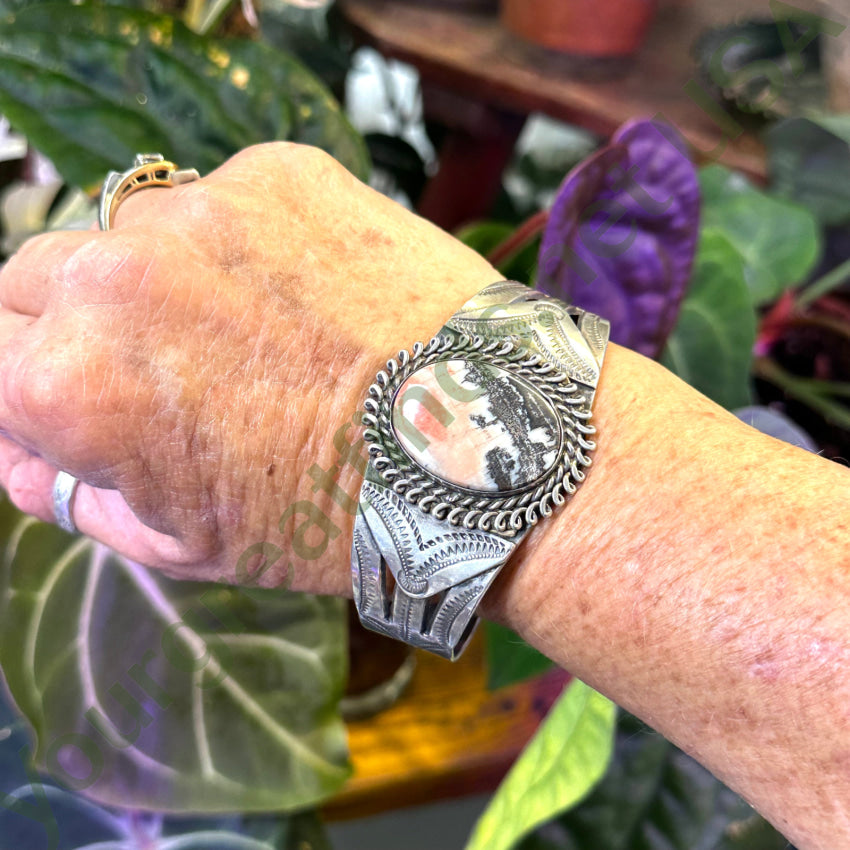 Old Navajo Sterling Silver & Petrified Wood Cuff Bracelet