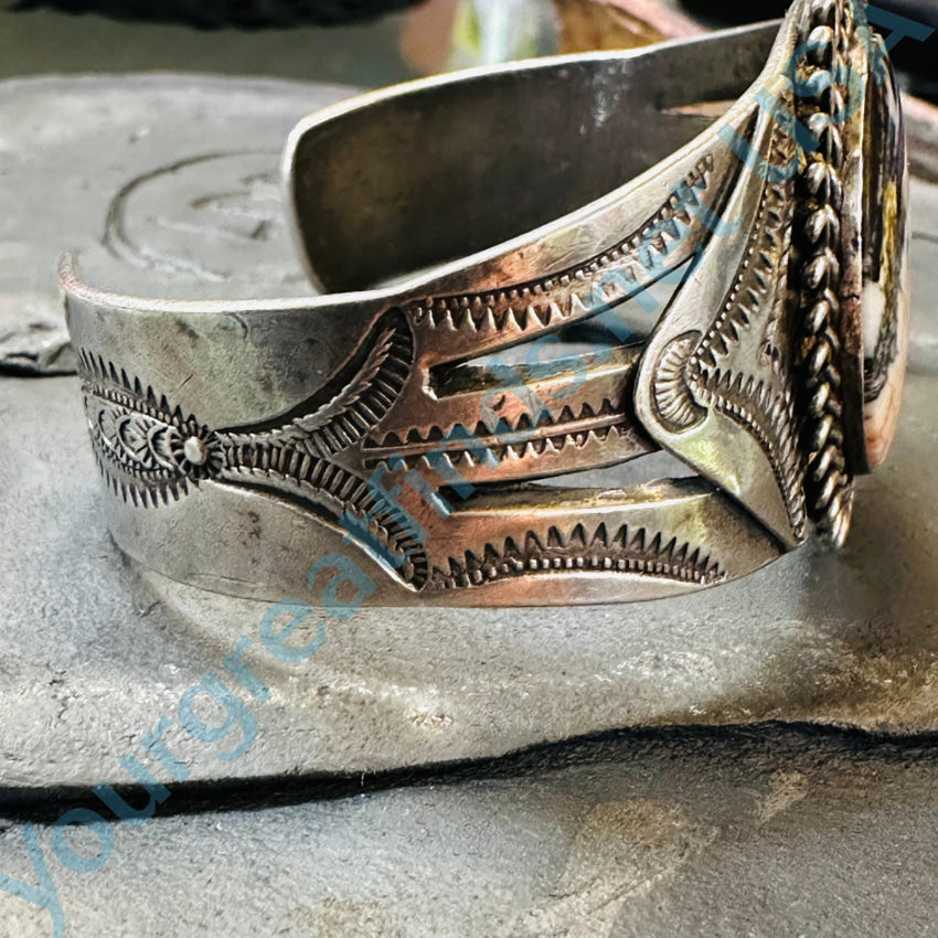 Old Navajo Sterling Silver & Petrified Wood Cuff Bracelet