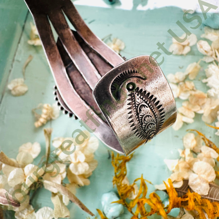 Old Navajo Sterling Silver & Petrified Wood Cuff Bracelet