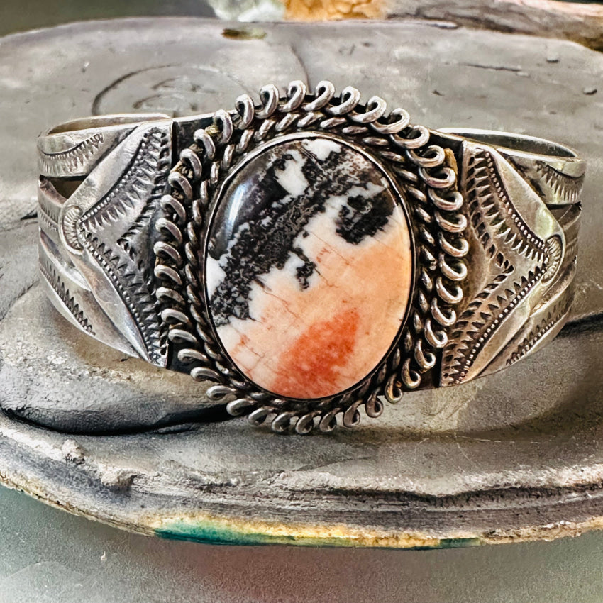 Old Navajo Sterling Silver & Petrified Wood Cuff Bracelet
