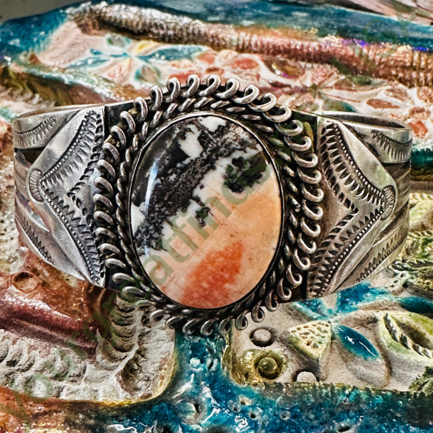 Old Navajo Sterling Silver & Petrified Wood Cuff Bracelet