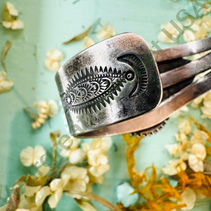 Old Navajo Sterling Silver & Petrified Wood Cuff Bracelet