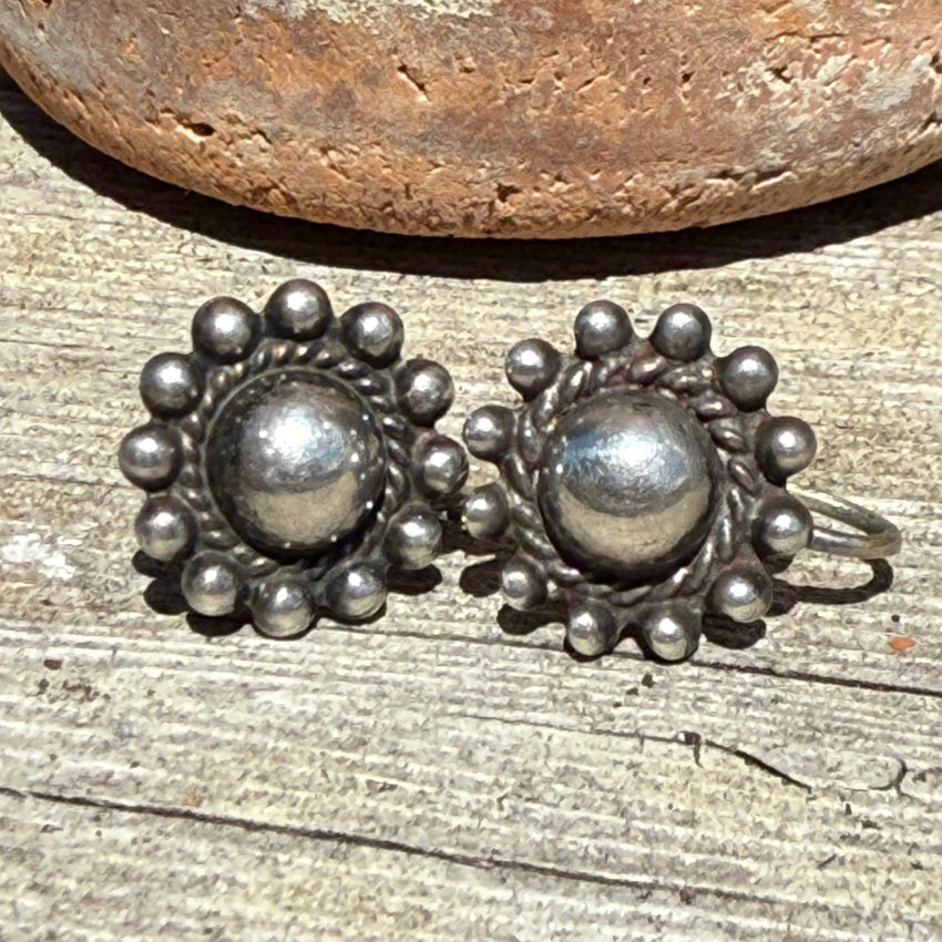 Old Navajo Sterling Silver Satellite Orb Screw Back Earrings pin