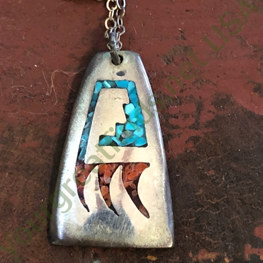 Old Navajo Sterling Silver Shiprock Mosaic Bear Track Necklace Necklace